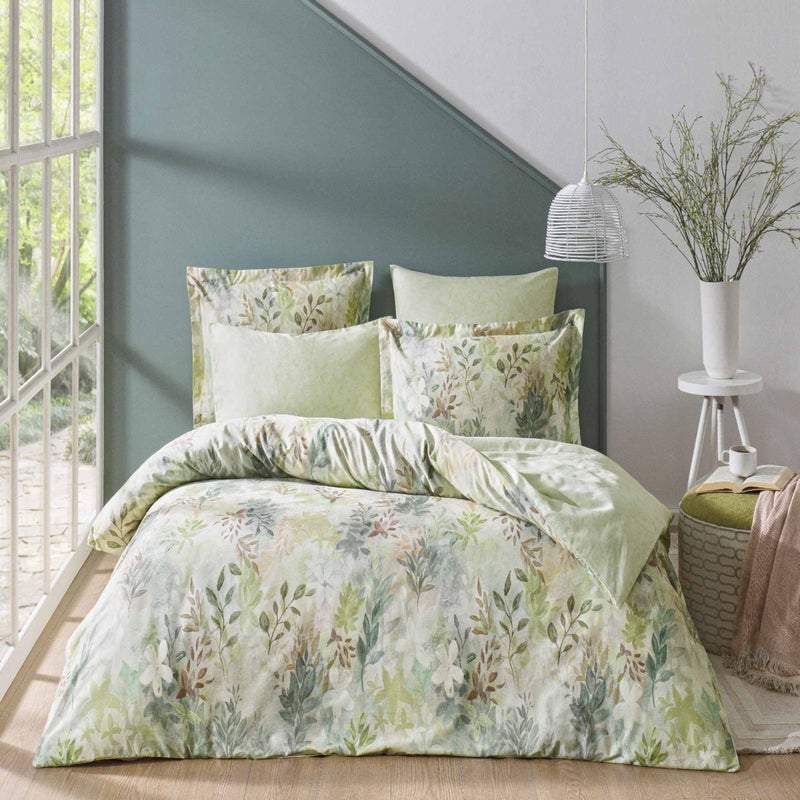 Linens Wisteria Cotton Satin Double Duvet Cover Set Green  - Image 3