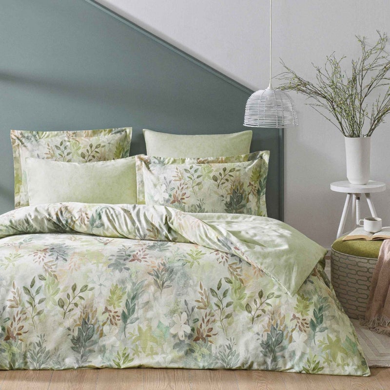 Linens Wisteria Cotton Satin Double Duvet Cover Set Green  - Image 1