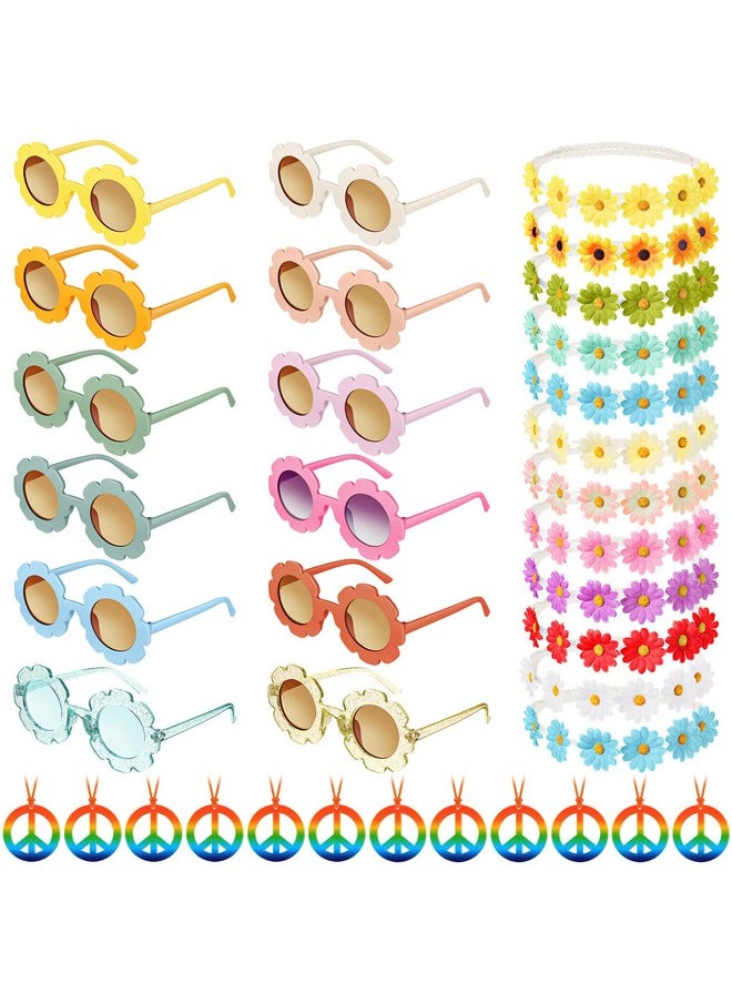 Cindeer - 36 Pcs Retro Flower Sunglasses Daisy Flower Headbands Peace Sign Necklace Set Groovy Party Decorations Hippie Costume Accessories 60S 70S Party Favors For Kids - Image 1