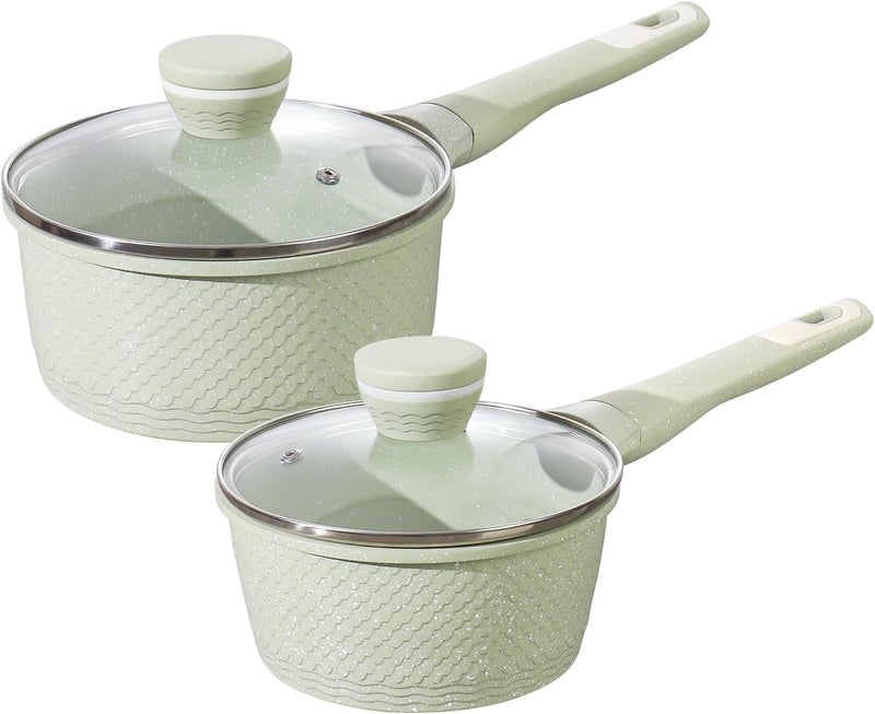 Xuanying Sauce pan set 4 Pcs 1.5Qt & 2.0Qt SaucePan Set with Lid, Non Stick Sauce Pot for Cooking, Easy to Clean, 100% Free PFOA PFAS Cooking all stovetop - Green Granite - Image 1