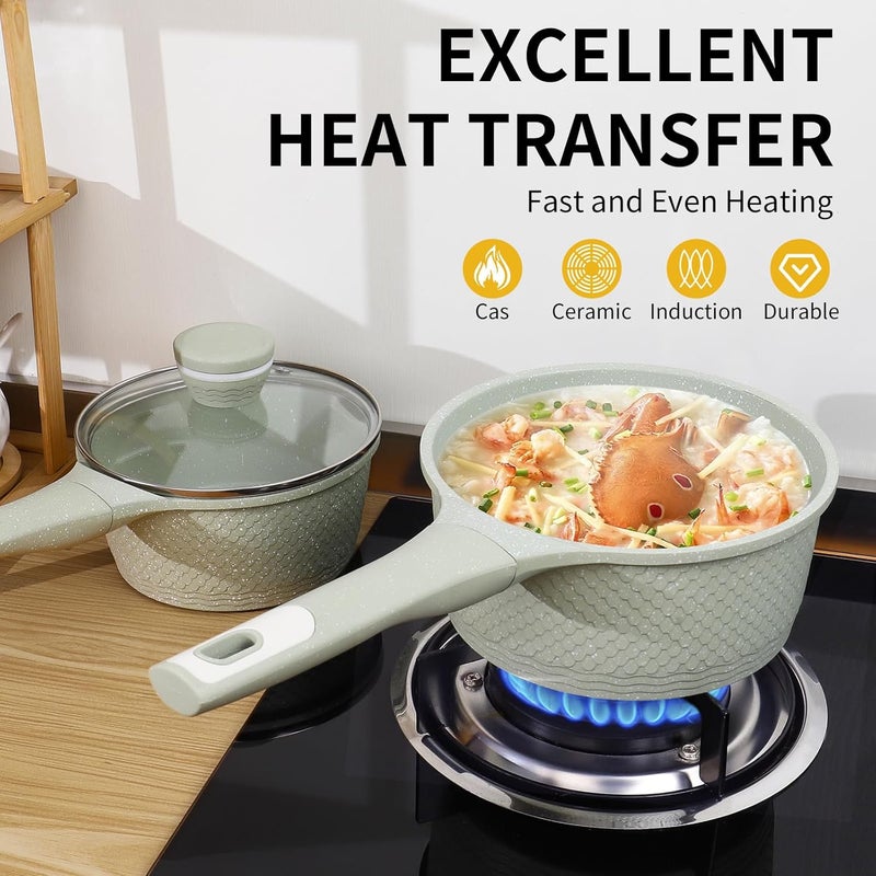 Xuanying Sauce pan set 4 Pcs 1.5Qt & 2.0Qt SaucePan Set with Lid, Non Stick Sauce Pot for Cooking, Easy to Clean, 100% Free PFOA PFAS Cooking all stovetop - Green Granite - Image 5