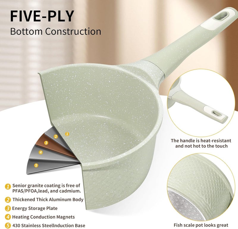 Xuanying Sauce pan set 4 Pcs 1.5Qt & 2.0Qt SaucePan Set with Lid, Non Stick Sauce Pot for Cooking, Easy to Clean, 100% Free PFOA PFAS Cooking all stovetop - Green Granite - Image 3