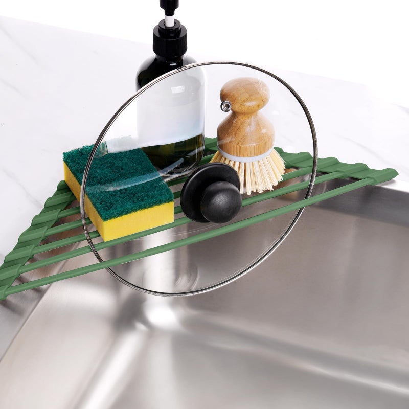 Tomorotec Compact Silicone-Coated Triangle Dish Drying Rack for Sink Corner - Foldable Stainless Steel Over-The-Sink Organizer and Storage Shelf (Army Green) - Image 4
