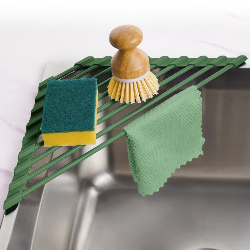 Tomorotec Compact Silicone-Coated Triangle Dish Drying Rack for Sink Corner - Foldable Stainless Steel Over-The-Sink Organizer and Storage Shelf (Army Green) - Image 1