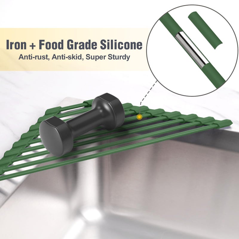 Tomorotec Compact Silicone-Coated Triangle Dish Drying Rack for Sink Corner - Foldable Stainless Steel Over-The-Sink Organizer and Storage Shelf (Army Green) - Image 3