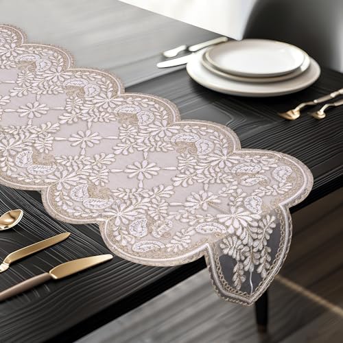Oriental Weavers Orientalweavers Floral Embroidered Polyester Organza Premium Dining Table Runner (16x72 inches) for 6-Seater - Off Gold - Image 1