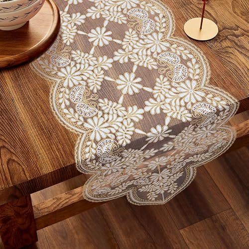 Oriental Weavers Orientalweavers Floral Embroidered Polyester Organza Premium Dining Table Runner (16x72 inches) for 6-Seater - Off Gold - Image 3