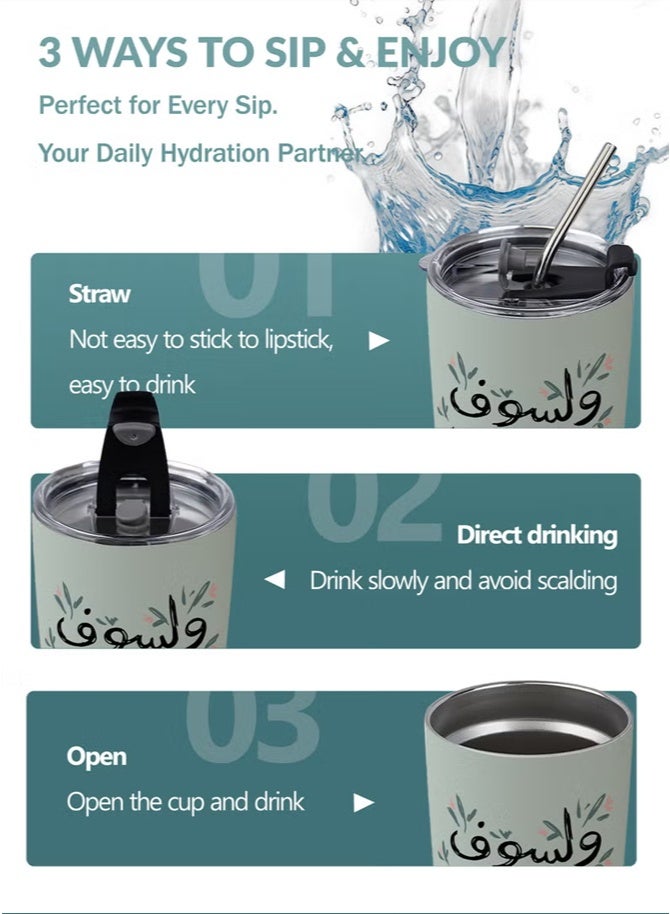 Hoasis Travel Coffee Mug 20oz/590ml Stainless Steel Double-wall Vacuum Insulated Coffee Cup with Straw and Brush, Suitable for Iced & Hot Drinks, Bouquet and blessing design, Ideal Gift - Image 5