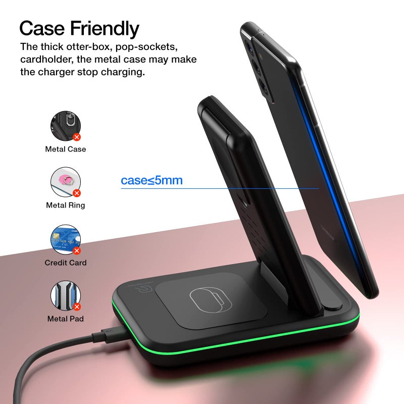 HOLYJOY Wireless Charger for Samsung/Android, HOLYJOY Foldable 3 in 1 Fast Charging Station/Stand/Multi Charger for Samsung S25 Ultra/S24/Note 20, Travel Pad for Galaxy Watch 7/6/5/4/Active 2, For Buds(Black) - Image 3