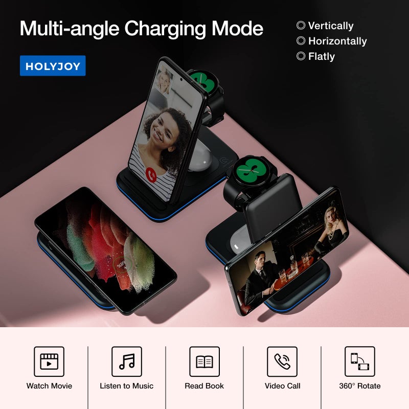 HOLYJOY Wireless Charger for Samsung/Android, HOLYJOY Foldable 3 in 1 Fast Charging Station/Stand/Multi Charger for Samsung S25 Ultra/S24/Note 20, Travel Pad for Galaxy Watch 7/6/5/4/Active 2, For Buds(Black) - Image 4