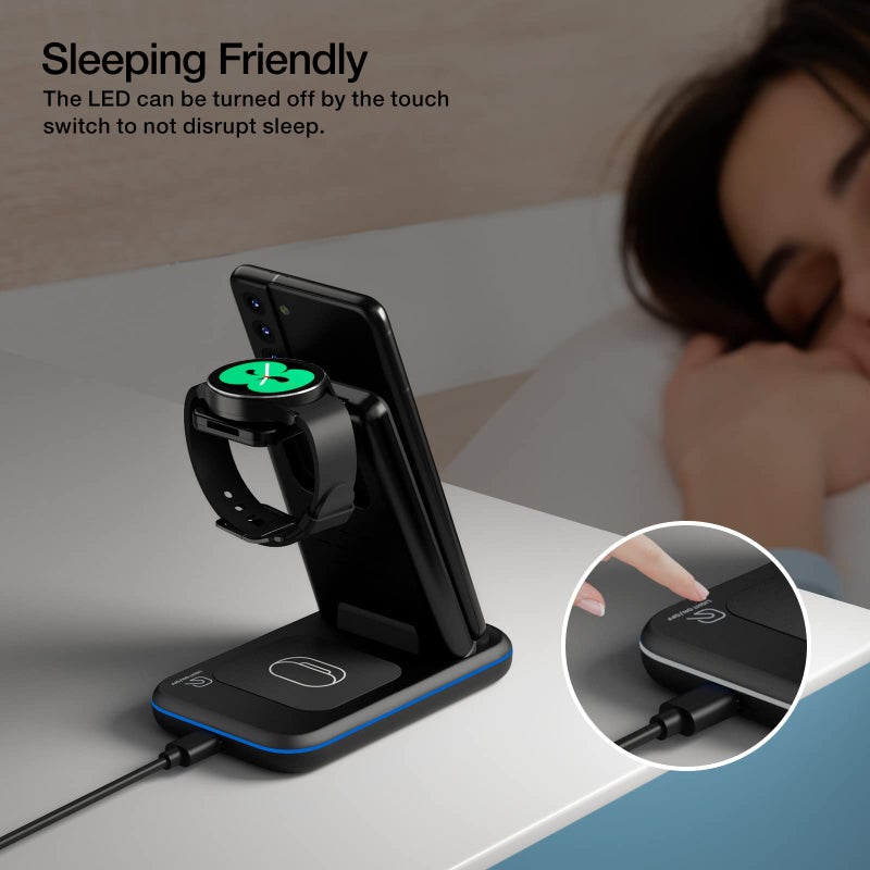 HOLYJOY Wireless Charger for Samsung/Android, HOLYJOY Foldable 3 in 1 Fast Charging Station/Stand/Multi Charger for Samsung S25 Ultra/S24/Note 20, Travel Pad for Galaxy Watch 7/6/5/4/Active 2, For Buds(Black) - Image 5