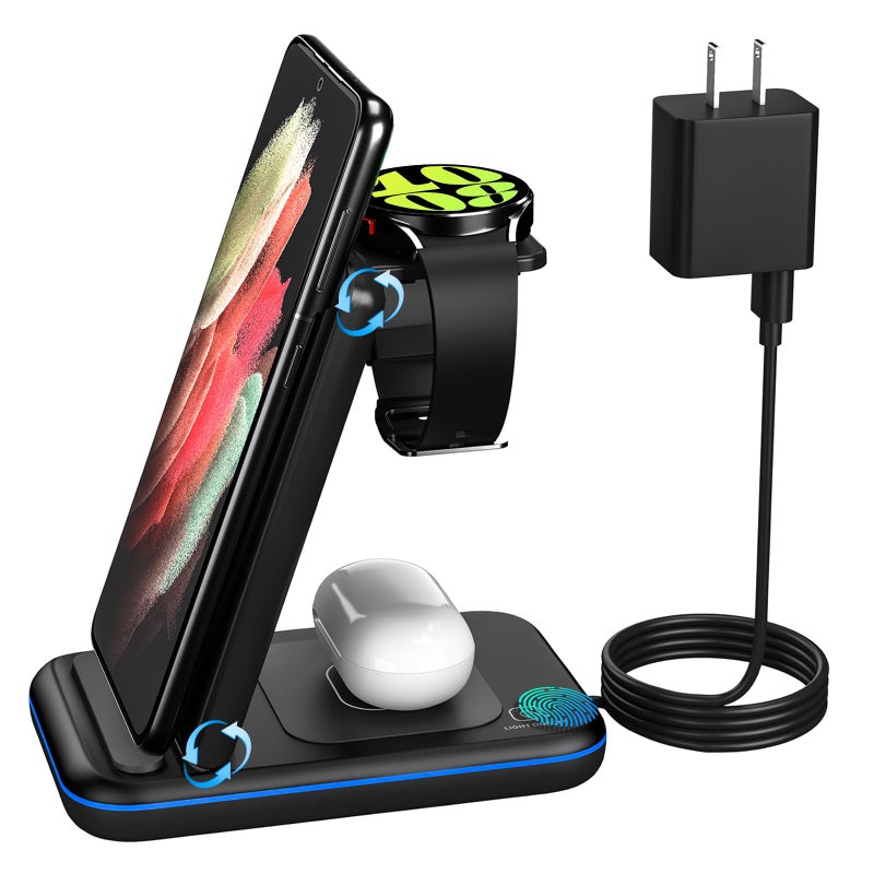 HOLYJOY Wireless Charger for Samsung/Android, HOLYJOY Foldable 3 in 1 Fast Charging Station/Stand/Multi Charger for Samsung S25 Ultra/S24/Note 20, Travel Pad for Galaxy Watch 7/6/5/4/Active 2, For Buds(Black) - Image 1