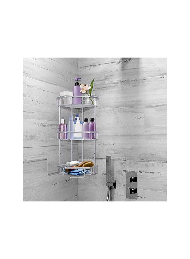 PROMASS Standing Free Shower Caddy, Rustproof Floor Caddy for Bathroom/Kitchen, 3-Tier Aluminum Corner Shower Rack (Silver) - Image 5