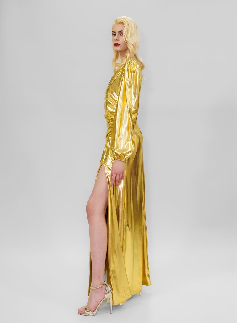 BITOLIA GALLERY Shiny Gold Stretch Front Slit Dress  - Image 3