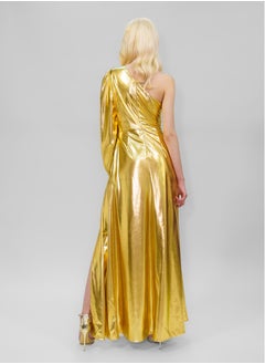 BITOLIA GALLERY Shiny Gold Stretch Front Slit Dress  - Image 2