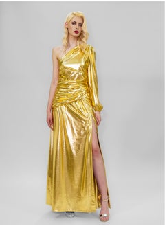 BITOLIA GALLERY Shiny Gold Stretch Front Slit Dress  - Image 1