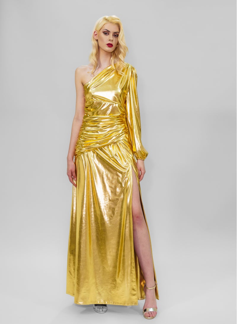BITOLIA GALLERY Shiny Gold Stretch Front Slit Dress  - Image 1