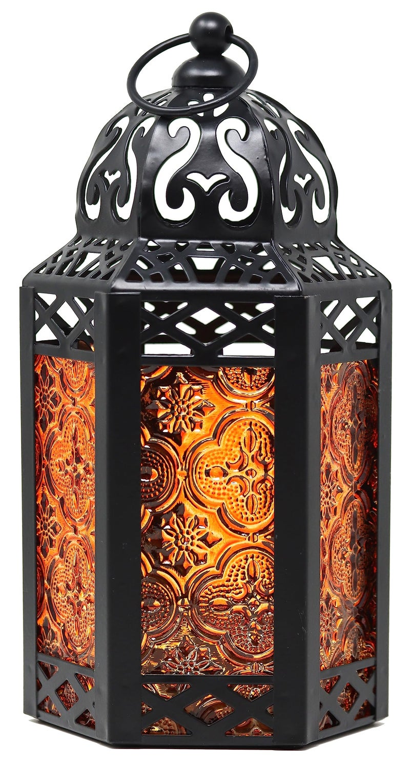 VELA LANTERNS 8.5" Small Black Metal Decorative Moroccan Lantern Candle Holder Lamp for Halloween - Indoor/Outdoor, Home Decor, Patio, Weddings, Ramadan Decor, Amber - Image 1