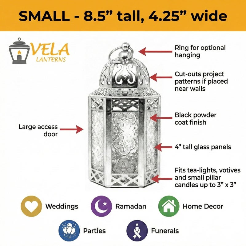 VELA LANTERNS 8.5" Small Black Metal Decorative Moroccan Lantern Candle Holder Lamp for Halloween - Indoor/Outdoor, Home Decor, Patio, Weddings, Ramadan Decor, Amber - Image 5