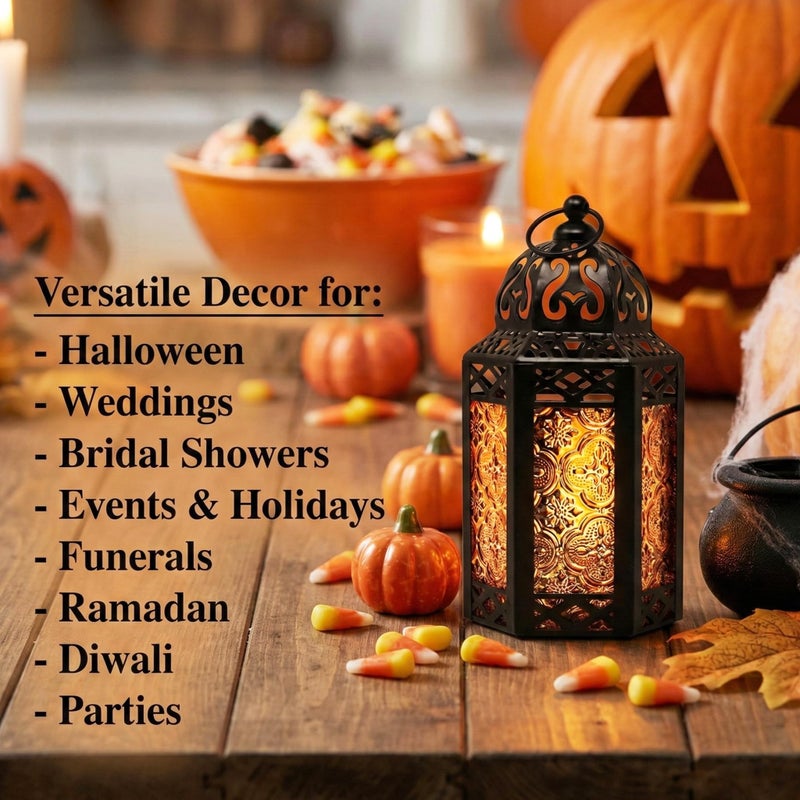 VELA LANTERNS 8.5" Small Black Metal Decorative Moroccan Lantern Candle Holder Lamp for Halloween - Indoor/Outdoor, Home Decor, Patio, Weddings, Ramadan Decor, Amber - Image 3