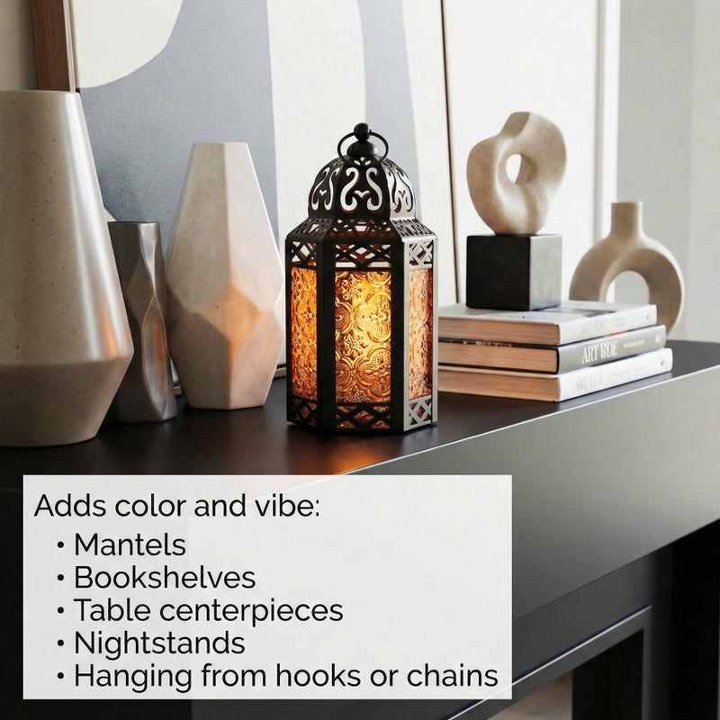 VELA LANTERNS 8.5" Small Black Metal Decorative Moroccan Lantern Candle Holder Lamp for Halloween - Indoor/Outdoor, Home Decor, Patio, Weddings, Ramadan Decor, Amber - Image 4