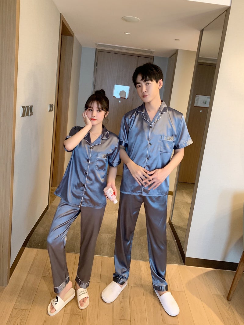 Couple Pajamas Ice Silk Summer Long-Sleeved Women'S Cardigan Casual Loose Men'S Middle-Aged And Young People'S Large Size Home Clothes - Image 1