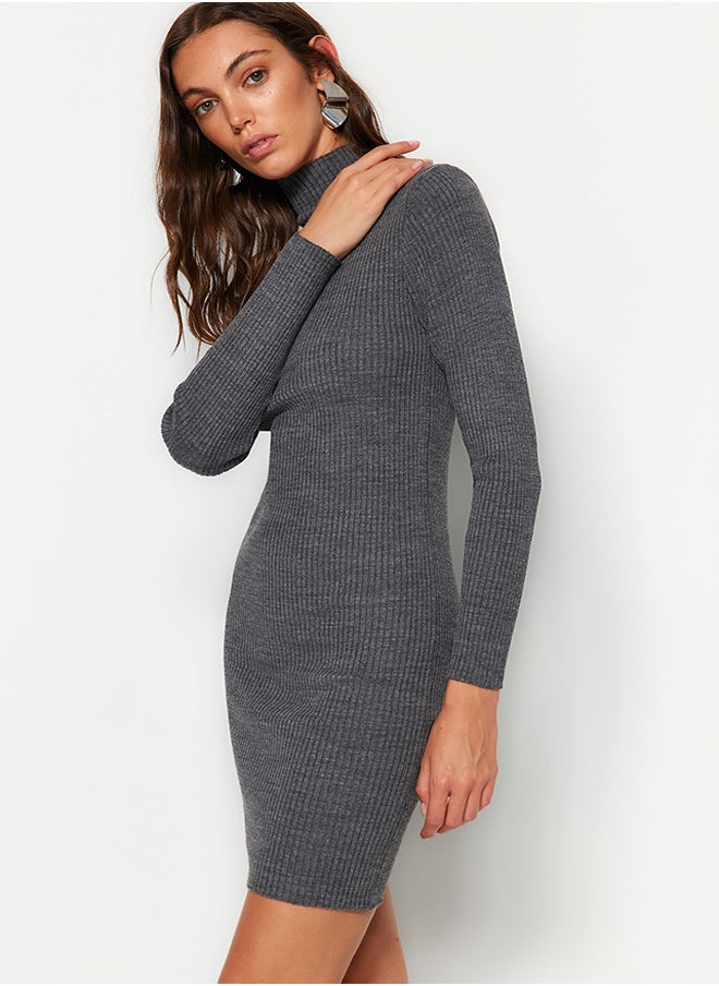 trendyol Anthracite Mini Knitwear Accessory Detailed Dress TWOAW23EL01389  - Image 4