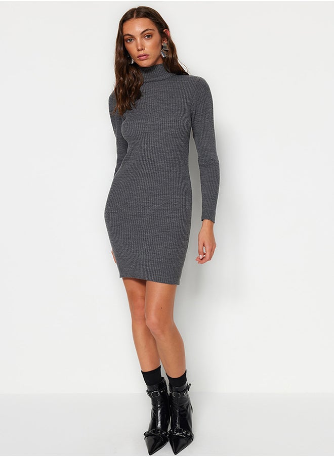 trendyol Anthracite Mini Knitwear Accessory Detailed Dress TWOAW23EL01389  - Image 2