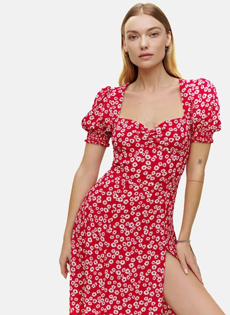 يونيكي Red Floral Printed Puff Sleeve A-Line Midi Dress