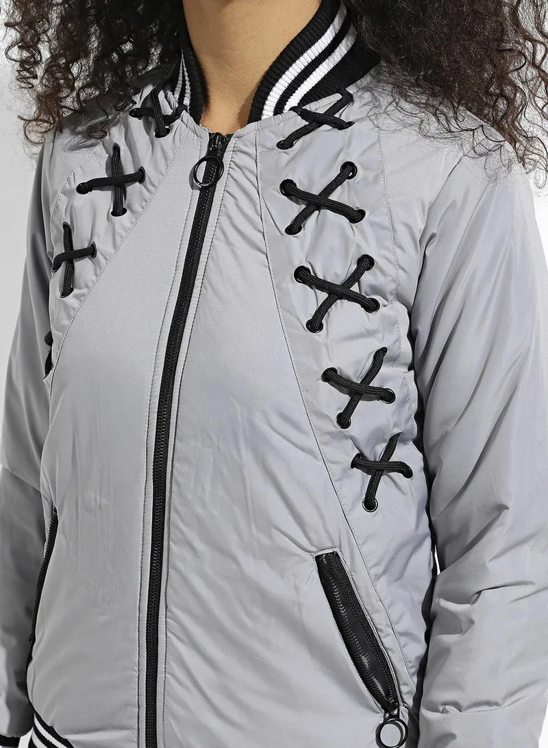 Pinacolada  Women's Light Grey Zip-Front Jacket With Criss-Cross Details for Women | Best Price UAE