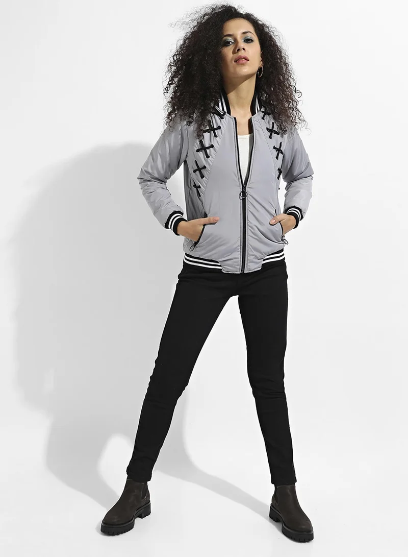 Pinacolada  Women's Light Grey Zip-Front Jacket With Criss-Cross Details for Women | Best Price UAE
