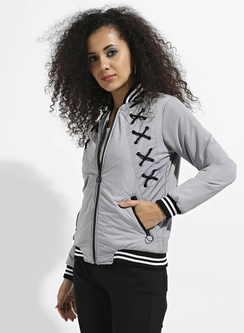 Pinacolada  Women's Light Grey Zip-Front Jacket With Criss-Cross Details for Women | Best Price UAE