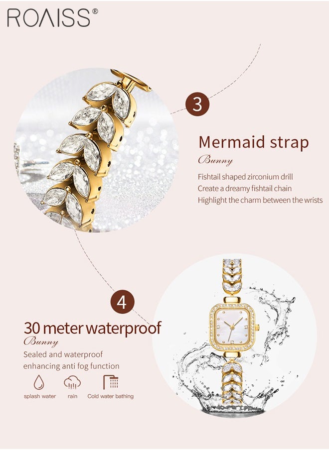 roaiss - Women's Mermaid Strap Quartz Watch Analog Display Square Fritillaria Dial and Zirconia Diamonds Decoration Waterproof Luxurious Wristwatch as Gift for Ladies - Image 1