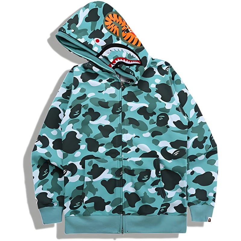 جاكيت كاموفلاج عصري بتصميم مميز من Bape مع طبعة ثلاثية الأبعاد لسمكة القرش، سترة بغطاء رأس وسحاب للرجال والنساء