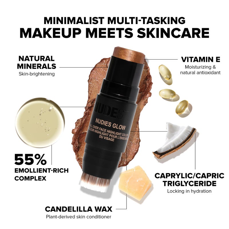 NUDESTIX نودستكس نوديز جلو هايلايتر ستيك - هايلايتر كريمي متعدد الاستخدامات للوجه والعينين والجسم مع فرشاة مدمجة | لمسة لامعة ومشرقة لجميع ألوان البشرة | إيلوميني-نوتي - Image 3