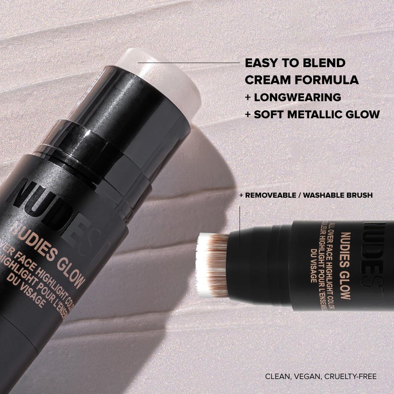 NUDESTIX نودستكس نوديز جلو هايلايتر ستيك - هايلايتر كريمي متعدد الاستخدامات للوجه والعينين والجسم مع فرشاة مدمجة | لمسة لامعة ومشرقة لجميع ألوان البشرة | إيلوميني-نوتي - Image 5