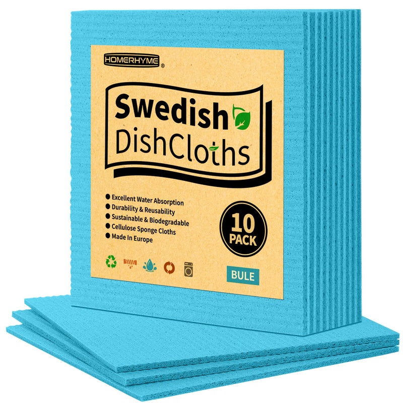 HOMERHYME Swedish Dishcloths, 10 Pack Kitchen Towels Dish Rags, Absorbent Swedish Dish Towels for Kitchen, Non-Scratch Cellulose Sponge Cloths, Biodegradable Washable Reusable Paper Towels, Blue - Image 1