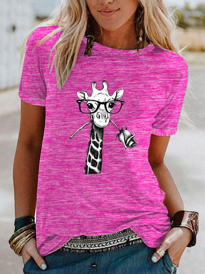 wish flower giraffe pattern print contrast short sleeve t-shirt for women - Image 1