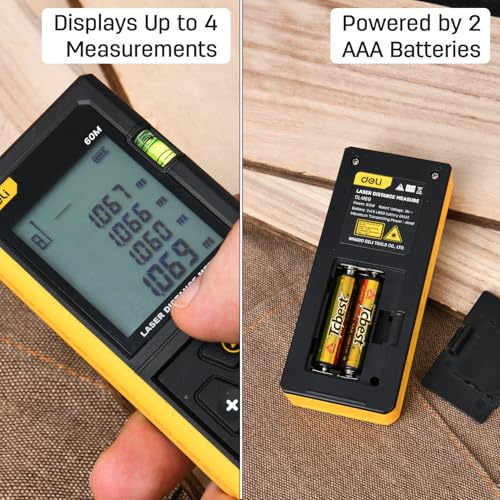Deli DL4168 3V Laser Distance Measure Up to 60M Range Continuous Distance Volume & Area Measurements Pythagorean Mode 30 Units Max Storage Class 2 Laser Type 630~670nm (1 Pc) - Image 4
