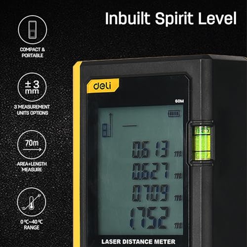 Deli DL4168 3V Laser Distance Measure Up to 60M Range Continuous Distance Volume & Area Measurements Pythagorean Mode 30 Units Max Storage Class 2 Laser Type 630~670nm (1 Pc) - Image 5