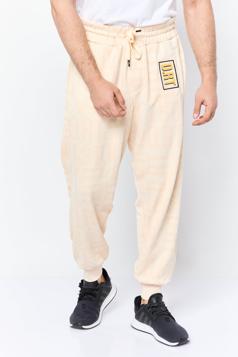 D RT سروال رياضي عادي للرجال بشعار العلامة التجارية، كريمي - Image 1