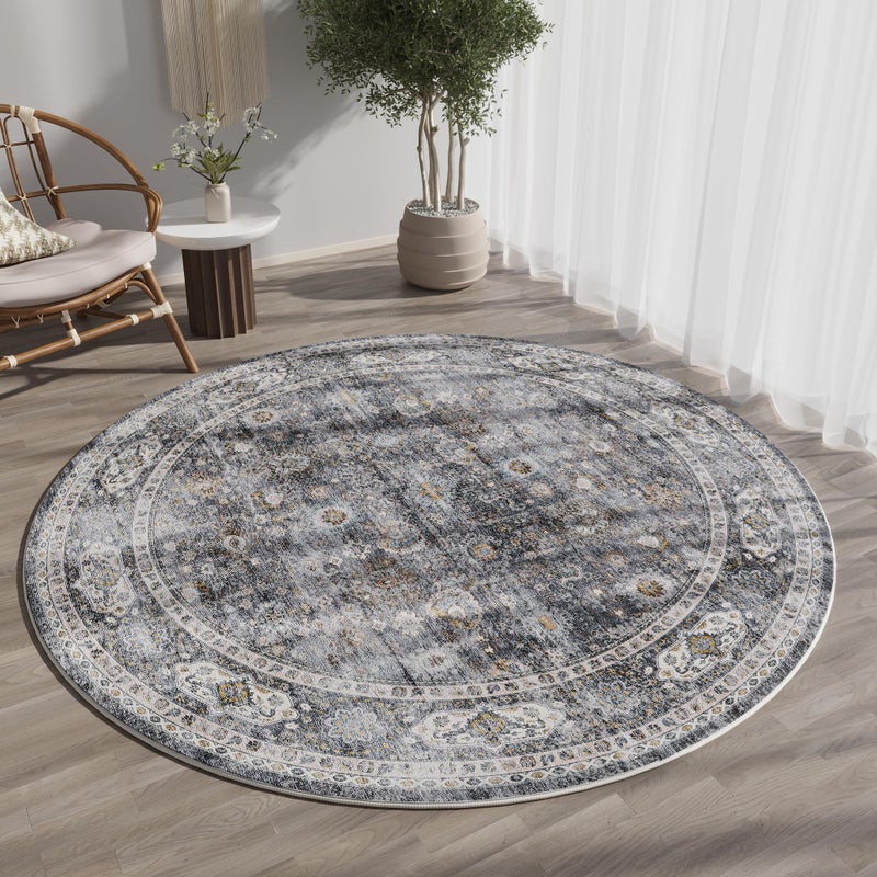 Rugcomf Round Rug 4ft Washable Circle Rug Non Slip Low Pile Boho Small Circular Rug for Bedroom, Bathroom, Entryway, Kids Room, Office, College Dorm(Grey) - Image 1