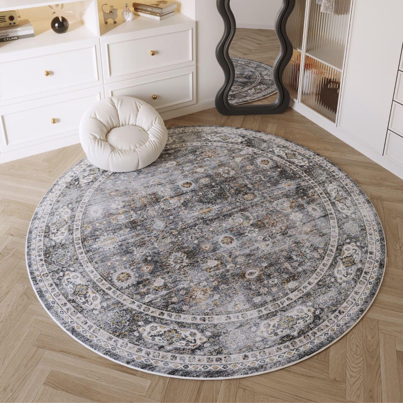 Rugcomf Round Rug 4ft Washable Circle Rug Non Slip Low Pile Boho Small Circular Rug for Bedroom, Bathroom, Entryway, Kids Room, Office, College Dorm(Grey) - Image 5