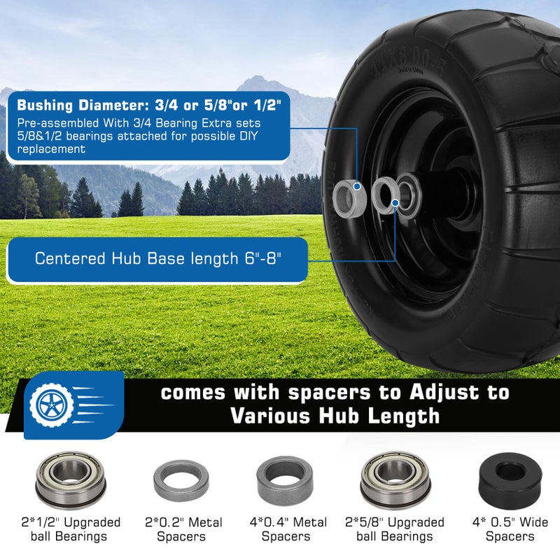 Iococee 11x6.00-5 Flat Free Tire,2 Pack 11x6.00-5 Tires for Zero Turn Mower With 3/4 & 5/8" or 1/2â€ Bearing,6"-8" Centered Hub,11x6-5 Lawn Mower Tires Flat Free,Load 400lbs - Image 3