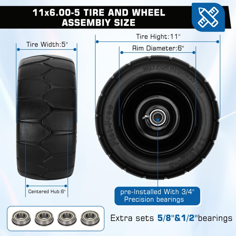 Iococee 11x6.00-5 Flat Free Tire,2 Pack 11x6.00-5 Tires for Zero Turn Mower With 3/4 & 5/8" or 1/2â€ Bearing,6"-8" Centered Hub,11x6-5 Lawn Mower Tires Flat Free,Load 400lbs - Image 2