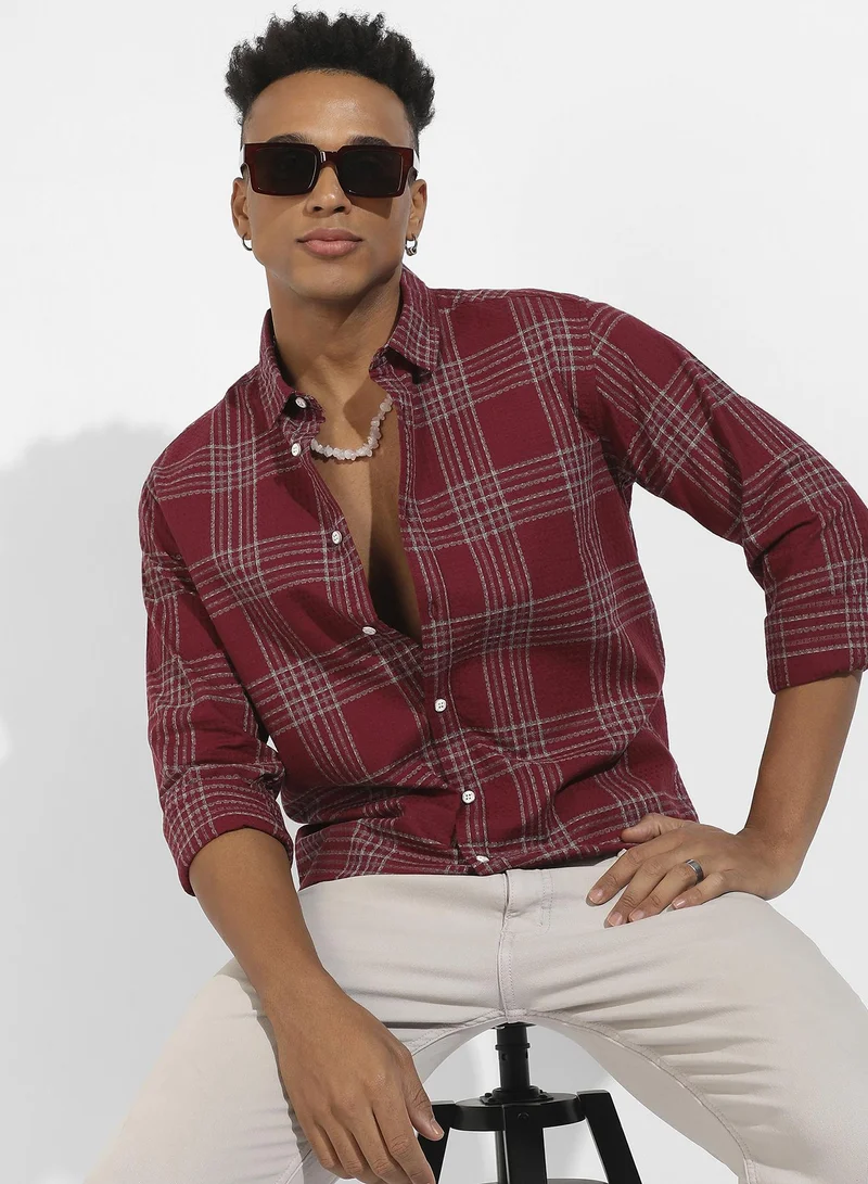 Campus Sutra Campus Sutra Men's Maroon Red Chalk Tartan Plaid Shirt For Casual Wear | Spread Collar | Long Sleeve | Button Closure | Cotton Blend Shirts Crafted With Comfort Fit For Everyday Wear