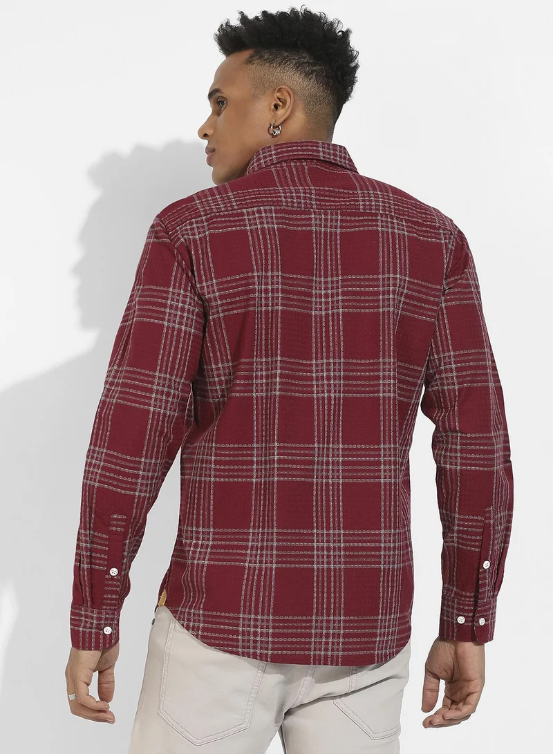 Campus Sutra Campus Sutra Men's Maroon Red Chalk Tartan Plaid Shirt For Casual Wear | Spread Collar | Long Sleeve | Button Closure | Cotton Blend Shirts Crafted With Comfort Fit For Everyday Wear