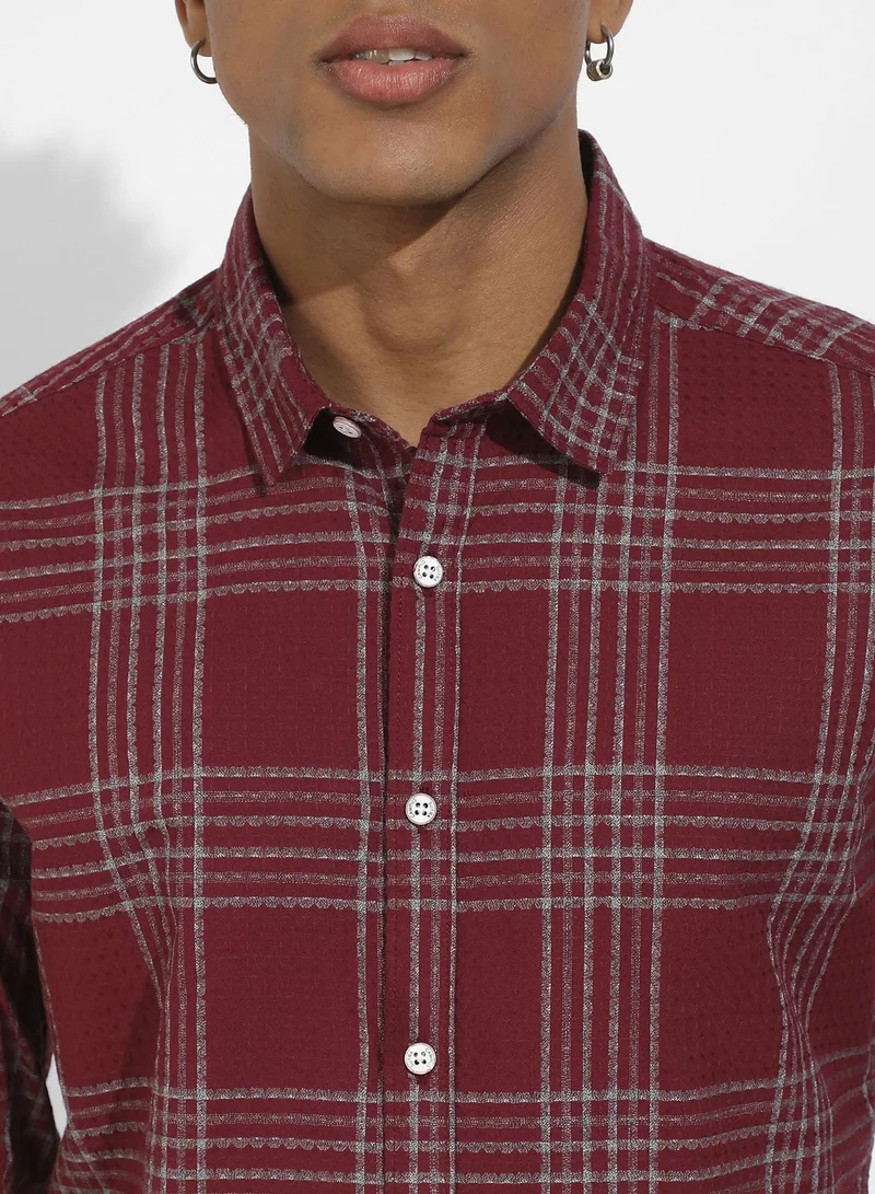 Campus Sutra Campus Sutra Men's Maroon Red Chalk Tartan Plaid Shirt For Casual Wear | Spread Collar | Long Sleeve | Button Closure | Cotton Blend Shirts Crafted With Comfort Fit For Everyday Wear