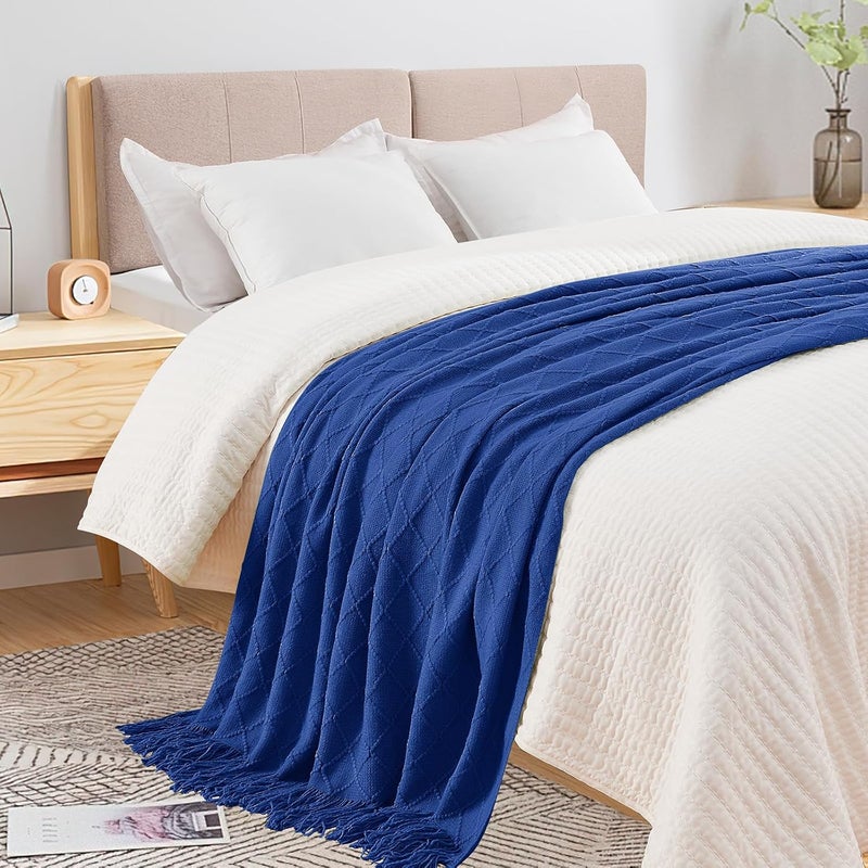inhand Knit Klein Blue Throw Blanket for Couch, Soft Living Room Home Decor Knitted Twin Size Blanket, Outdoor Lightweight Breathable Summer Blanket, Farmhouse Warm Woven Decorative, 60"x80" - Image 3