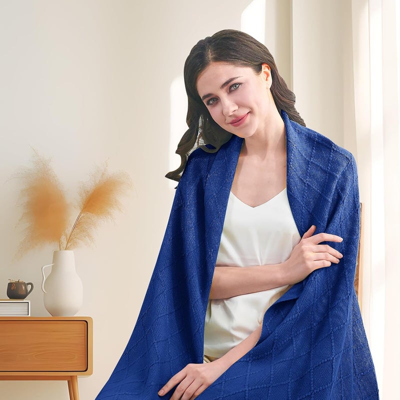 inhand Knit Klein Blue Throw Blanket for Couch, Soft Living Room Home Decor Knitted Twin Size Blanket, Outdoor Lightweight Breathable Summer Blanket, Farmhouse Warm Woven Decorative, 60"x80" - Image 5